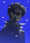  1boy beard_stubble black_hair blue_background cigarette jacket light_smile looking_to_the_side male_focus nicholas_d._wolfwood profile raine_(acke2445) shirt short_hair solo sunglasses trigun upper_body wind 