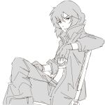 boots closed_mouth copyright_request crossed_legs cup drinking_glass gloves greyscale hair_between_eyes holding holding_cup jacket kuro_kosyou long_sleeves looking_at_viewer monochrome open_clothes open_jacket pants shoe_soles simple_background sitting sketch white_background 