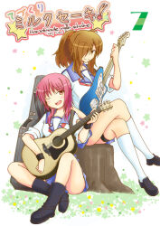  2girls ;d acoustic_guitar angel_beats! black_boots black_shoes black_wrist_cuffs blue_sailor_collar blue_skirt blush boots brown_eyes brown_hair closed_mouth commentary_request cover cover_page crossed_legs doujin_cover full_body guitar hair_over_one_eye hand_up hisako_(angel_beats!) holding holding_guitar holding_instrument instrument iwasawa_masami kneehighs loafers long_hair long_sleeves looking_at_viewer medium_hair miniskirt multiple_girls one_eye_closed open_mouth pleated_skirt red_eyes red_hair sailor_collar sailor_shirt shinda_sekai_sensen_uniform shirt shoes sidelocks simple_background sitting skirt sleeves_rolled_up smile socks thigh_strap thighs white_background white_shirt white_socks wrist_cuffs yutaka_miyabi 