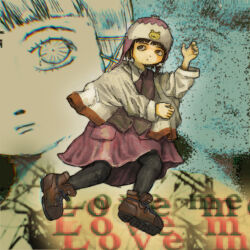  1girl asymmetrical_hair black_pantyhose brown_eyes brown_hair closed_mouth expressionless full_body hair_ornament hairclip hat highres iwakura_lain jacket long_sleeves looking_at_viewer pantyhose plastiboo serial_experiments_lain shirt shoes short_hair single_sidelock skirt x_hair_ornament 