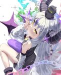  1girl :p animal_on_head bare_shoulders bird bird_on_head black_horns braid braided_bangs chain crow_(la+_darknesss) detached_sleeves grey_hair highres hololive horns la+_darknesss la+_darknesss_(1st_costume) looking_at_viewer multicolored_hair on_head pointy_ears purple_hair purple_thighhighs sidelocks single_thighhigh sitting streaked_hair striped_horns supergroggy thigh-highs tongue tongue_out virtual_youtuber wariza yellow_eyes 