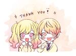  1boy 1girl blonde_hair blush brother_and_sister cardigan collared_shirt english_text gradient_hair jacket long_sleeves looking_at_viewer multicolored_hair multicolored_necktie necktie open_mouth orange_eyes pink_eyes pink_hair poppu_usagi project_sekai shirt siblings smile sparkling_eyes teeth tenma_saki tenma_tsukasa twintails upper_teeth_only yellow_cardigan 