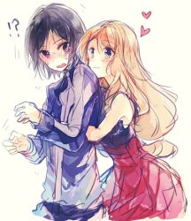  !? 1boy 1girl black_hair blonde_hair blue_jacket blush calem_(pokemon) commentary_request heart hug hug_from_behind jacket long_hair looking_at_another lowres nekowordhead pokemon pokemon_x_and_y red_skirt serena_(pokemon) skirt smile sweat 