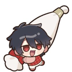  1boy :d artist_request black_hair blush_stickers carrying chibi chibi_only earrings full_body grid_print hair_between_eyes holding jewelry lowres male_focus nijisanji official_alternate_costume official_art open_mouth oversized_object pants pastry_bag pink_shirt red_eyes red_vest shirt short_hair simple_background single_earring smile solo stud_earrings transparent_background vest virtual_youtuber white_pants yumeoi_kakeru 