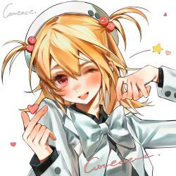  1girl black_shirt blonde_hair blush bow bowtie contactz finger_heart hair_bobbles hair_ornament hat heart highres jacket long_sleeves looking_at_viewer medium_hair one_eye_closed open_mouth original red_eyes shirt simple_background smile solo star_(symbol) two_side_up upper_body white_background white_bow white_bowtie white_jacket 