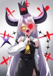  absurdres ahoge ascot bare_shoulders black_horns braid braided_bangs collar detached_sleeves grey_hair highres hololive horns kamaboko_(kmm15a) la+_darknesss metal_collar multicolored_hair one_eye_covered pointy_ears purple_hair streaked_hair striped_horns tongue tongue_out virtual_youtuber yellow_eyes 