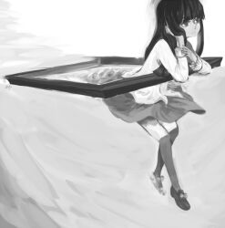  ankaris black_hair blunt_bangs full_body greyscale ib_(kouri) lady_in_green_(ib) long_hair long_sleeves looking_to_the_side monochrome shirt skirt surreal white_shirt 