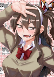  1girl alternate_costume ashigara_(kancolle) bow bowtie breasts brown_eyes brown_hair brown_sweater commentary_request fang gingham_background hair_ribbon hairband highres kantai_collection looking_at_viewer medium_breasts multicolored_ribbon nekotarou_(nktr299) one_side_up pink_background red_bow red_bowtie ribbon school_uniform solo sweater upper_body white_hairband wolf wolf_background 