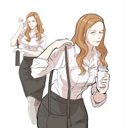  1girl brown_hair coffee coffee_mug commentary_request cup eva_stratt formal_clothes highres korean_commentary long_hair mature_female mug project_hail_mary simple_background solo soncherry09 suit 