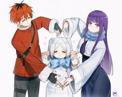  1boy 2girls absurdres black_dress black_gloves black_pants blue_scarf blunt_bangs blush closed_eyes coat commentary cropped_jacket dated dress earrings fern_(sousou_no_frieren) fingerless_gloves frieren fur-trimmed_collar fur-trimmed_sleeves fur_trim gloves grey_background hands_up highres jacket jewelry long_dress multiple_girls pants pointy_ears pose_request purple_hair red_hair red_jacket scarf short_eyebrows short_hair signature simple_background sousou_no_frieren stark_(sousou_no_frieren) straight_hair turtleneck turtleneck_jacket violet_eyes wavy_mouth white_coat white_hair white_jacket wide_sleeves yisjhui 