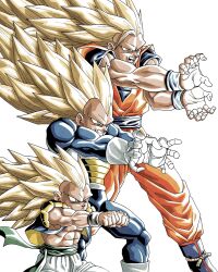  3boys commentary_request dougi dragon_ball dragon_ball_z father_and_child father_and_son final_flash gotenks highres kamehameha_(dragon_ball) male_focus multiple_boys orange_pants pants parent_and_child ryukyudb0726 saiyan saiyan_armor son_goku spiky_hair super_saiyan super_saiyan_3 vegeta 