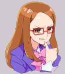  1girl akai_meganee angry blue_jacket bow brown_eyes brown_hair commentary_request cropped_torso finger_to_mouth frown furrowed_brow glasses grey_background hand_up jacket long_hair long_sleeves looking_at_viewer moudoku_(decopon3rd) pink_bow pretty_(series) red-framed_eyewear scowl simple_background solo teeth upper_body 