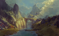  absurdres arch blue_sky bridge clouds cloudy_sky commentary day english_commentary highres hill landscape mountain no_humans original outdoors painterly painting_(medium) philipp_urlich river scenery signature sky sunlight traditional_media water 