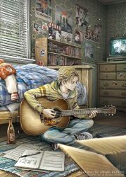  1boy acoustic_guitar blonde_hair commentary_request expressionless flute guitar highres hood hoodie indian_style indoors instrument kobone_awaki male_focus music original playing_instrument profile recorder sheet_music sitting solo television 