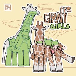  >_< 3girls animal_costume carrying giraffe_costume green_hair mbq multiple_girls original pink_shirt shirt shoulder_carry 