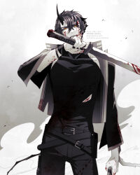  1boy absurdres arknights black_hair black_shirt blood blood_on_arm blood_on_face blood_on_hands blood_on_mouth blood_on_weapon commentary_request cowboy_shot demon_horns dual_wielding flamebringer_(arknights) highres holding horns jacket looking_at_viewer male_focus material_growth open_clothes open_jacket orange_eyes oripathy_lesion_(arknights) pointy_ears shinatoku shirt solo tail torn_clothes torn_shirt twitter_username watermark weapon 