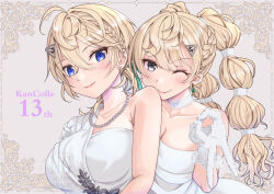  alternate_costume alternate_hairstyle anniversary blue_eyes braid breasts commentary_request dress gloves grey_hair gyaru_v hair_ornament hairclip kantai_collection kanyasu large_breasts long_hair medium_breasts minneapolis_(kancolle) single_braid tuscaloosa_(kancolle) twintails v white_dress white_gloves 