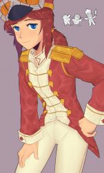  1girl a_hat_in_time absurdres band_uniform bird bird_hat blue_eyes boater_hat boots bow bow_(music) bowtie brown_hair buttoned_cuffs buttons cello closed_eyes closed_mouth commentary cowboy_shot english_commentary epaulettes fujimna furry hair_tie hand_on_own_hip hand_on_own_leg hat hat_feather hat_kid hat_ribbon highres holding holding_bow_(music) holding_instrument holding_umbrella instrument jacket leaning_forward long_hair long_sleeves looking_at_viewer multicolored_jacket music official_alternate_costume open_mouth outstretched_arms owl pants playing_instrument purple_background red_hat red_jacket ribbon shako_cap smile solo_focus spread_arms star_(symbol) two-tone_jacket umbrella white_jacket white_pants 