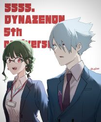  1boy 1girl anosillus_ii anti_(ssss.gridman) black_hair blue_eyes braid breasts earrings formal_clothes glasses grey_hair gridman_universe happy_anniversary heterochromia highres himagosan jacket jewelry long_hair long_sleeves necktie open_mouth red_eyes shirt short_hair smile ssss.dynazenon suit upper_body white_shirt 
