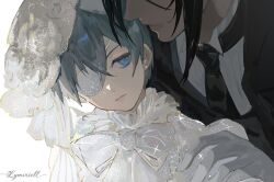  2boys artist_name black_hair black_necktie blue_eyes blue_hair bow bowtie ciel_phantomhive eyepatch eyes_out_of_frame frills gloves head_out_of_frame highres kuroshitsuji looking_at_another lymiriell male_focus multiple_boys necktie sebastian_michaelis short_hair simple_background smile suit upper_body veil white_background white_gloves white_veil 