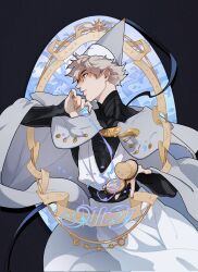  1boy black_background bodysuit cloak cowboy_shot glasses hat highres holding long_sleeves looking_at_object looking_to_the_side male_focus marik_draw parted_lips profile qifrey_(tongari_boushi_no_atelier) robe short_hair solo tongari_boushi_no_atelier turtleneck white_robe wizard_hat 