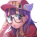  1girl baseball_cap dr._slump glasses hat long_hair looking_at_viewer norimaki_arale ogata_kouji open_mouth overalls purple_hair shirt short_sleeves simple_background solo violet_eyes white_background winged_hat 