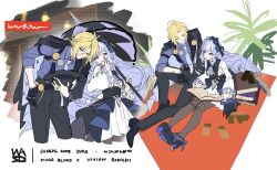  1boy 1girl arm_out_of_sleeve ascot bicep_strap black_gloves black_hat black_pants blonde_hair book bow bowtie center_frills character_name closed_mouth copyright_name drill_hair frills gem gloves gold_ring grey_eyes hair_between_eyes hairband half_gloves hat heterochromia highres holding holding_book holding_umbrella holding_unworn_clothes holding_unworn_hat hugo_vlad jewelry long_hair mole mole_under_eye multiple_rings necktie open_book open_mouth pants pkgllllllv pointy_ears purple_ascot purple_bow purple_bowtie purple_gem purple_hair purple_hairband purple_shirt red_eyes ring shirt shrug_(clothing) single_glove single_half_glove sitting smile umbrella unworn_hat unworn_headwear vivian_banshee white_shrug zenless_zone_zero 