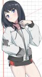  1girl absurdres black_hair blue_eyes blush breasts cellphone gridman_universe highres holding holding_phone jacket long_hair looking_at_viewer phone shirt skirt smartphone solo ssss.gridman t-shirt takarada_rikka tappy_okamura thighs white_jacket 