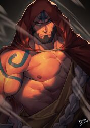  avatar:_aang_the_last_airbender avatar_legends beard buzz_cut dark-skinned_male dark_skin facial_hair full-body_tattoo full_beard head_tattoo highres mature_male muscular muscular_male mustache_stubble pectorals rovrov short_hair stubble tagah tattoo thick_beard very_short_hair 