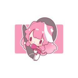  1girl :< absurdres animal_ear_fluff animal_ears black_hat blush border chibi chibi_only closed_mouth commentary decrilus english_commentary full_body hair_intakes hat highres holding holding_stylus hololive hololive_english long_hair multicolored_hair outline outside_border oversized_object panther_ears panther_girl panther_tail pink_background pink_hair raora_panthera simple_background solo standing streaked_hair stylus tail virtual_youtuber white_border white_outline white_streaks 
