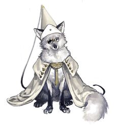  animal animal_focus animalization black_eyes cape cat cloak closed_mouth clothed_animal full_body glasses grey_cape hat looking_at_viewer monocle no_humans party_hat pince-nez qifrey_(tongari_boushi_no_atelier) round_eyewear simple_background sitting solo standing tassel tongari_boushi_no_atelier white_background white_cape white_cat white_fur wizard_hat 