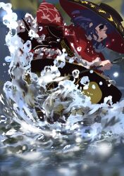  1girl absurdres afloat blurry blurry_background bowl bowl_hat commentary frills from_side hat highres japanese_clothes kimono long_sleeves medium_hair mini_person needle_sword parted_lips purple_hair red_eyes red_kimono solo sukuna_shinmyoumaru touhou ushitsuchi water 