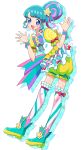  1girl :d aqua_footwear blue_eyes blue_hair blush boots breasts commentary_request dress drop_shadow full_body hair_bun hair_ornament hands_up idol_clothes leaning_forward looking_at_viewer moudoku_(decopon3rd) multicolored_hair open_hands open_mouth pink_hair pinon_(pripara) pretty_(series) pripara puffy_short_sleeves puffy_shorts puffy_sleeves short_sleeves shorts sidelocks single_side_bun small_breasts smile solo standing star_(symbol) star_hair_ornament streaked_hair striped striped_thighhighs thigh-highs white_background yellow_dress 