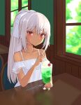  blush bow chair cherry collarbone cup dark_skin dress food fruit hair_bow highres holding holding_cup holding_straw ice_cream ice_cream_float komiya_nigi looking_at_viewer on_chair original ponytail red_eyes spoon table tan upper_body white_bow white_dress white_hair window 