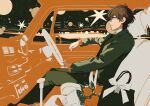  1boy black_eyes blurry bokeh bouquet brown_hair car_interior city_lights depth_of_field driving formal gift_bag glasses green_suit jewelry keishin male_focus night night_sky original ring short_hair sitting sky solo suit 