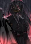  1girl artist_request coat dark_background earrings grey_eyes hair_between_eyes highres jewelry long_hair looking_at_viewer mask mouth_mask ninja_mask path_to_nowhere rahu_(path_to_nowhere) rain sidelocks solo trench_coat upper_body 