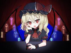  1girl alternate_color aorin_oekaki black_hat black_shirt black_wrist_cuffs blonde_hair bow chess_piece collared_shirt commentary_request fang flandre_scarlet frilled_shirt_collar frills hat hat_bow highres long_hair looking_at_viewer mob_cap multicolored_wings one_side_up open_mouth puffy_short_sleeves puffy_sleeves red_bow red_eyes red_nails shirt short_sleeves sleeve_bow smile solo touhou upper_body wings wrist_cuffs 