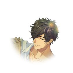  1boy black_hair closed_eyes closed_mouth collarbone collared_shirt hair_over_one_eye hand_on_own_shoulder lagoon_(yumekuro) male_focus mature_male non-web_source official_art portrait shirt short_hair smile solo tear_troughs transparent_background upper_body white_shirt yume_shokuin_to_wasureji_no_kuroi_yousei 