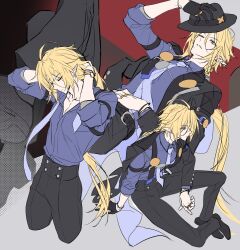  1boy arm_out_of_sleeve bicep_strap black_gloves black_hat black_pants blonde_hair closed_eyes closed_mouth collarbone gloves gold_ring grey_background grey_eyes hair_between_eyes half_gloves hat heterochromia highres hugo_vlad jewelry lapel_pin long_hair male_focus mole mole_under_eye multiple_rings multiple_views necktie one_eye_closed pants parted_lips pkgllllllv pointy_ears purple_shirt red_eyes ring shirt single_glove single_half_glove sitting watch watch zenless_zone_zero 