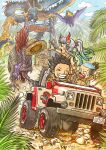  2girls 6+boys black_hair brachiosaurus brother_and_sister car closed_eyes day dinosaur dragon eastern_dragon english_text fleeing gradient_hair hat highres horns jurassic_park kaidou_(one_piece) king_(one_piece) kumo_d7 long_hair momonosuke_(one_piece) monkey_d._luffy motor_vehicle mountain multicolored_hair multiple_boys multiple_girls one_piece oni_horns open_mouth outdoors pachycephalosaurus page_one_(one_piece) palm_tree parody pterosaur queen_(one_piece) sasaki_(one_piece) short_hair siblings smile spinosaurus straw_hat sweatdrop teeth topknot tree triceratops ulti_(one_piece) white_hair yamato_(one_piece) 