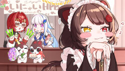  3girls 3znk :3 absurdres ange_katrina ange_katrina_(1st_costume) animal_ears armband banken_(inui_toko) banner birthday birthday_glasses blue_armband blue_hair blue_neckerchief blush_stickers bouquet brown_hair brown_kimono cake cardigan closed_mouth colored_inner_hair commentary_request creature dog_ears finger_to_mouth flower food frills glowstick grin hair_flower hair_intakes hair_ornament hands_up hat heterochromia highres holding holding_bouquet holding_cake holding_food holding_glowstick holding_party_popper index_fingers_raised inui_toko inui_toko_(1st_costume) jacket japanese_clothes kimono lize_helesta lize_helesta_(1st_costume) long_hair long_sidelocks long_sleeves looking_ahead maid_headdress medium_hair multicolored_hair multiple_girls musical_note neck_ribbon neckerchief nijisanji open_mouth own_hands_together party_hat party_popper purple_flower red_cardigan red_eyes red_hair red_ribbon ribbon sanbaka_(nijisanji) shushing sidelocks sleeves_past_wrists smile smug strawberry_shortcake streaked_hair sunglasses translation_request two-tone_hair very_long_hair violet_eyes virtual_youtuber white_hair white_headdress white_jacket yellow_eyes yellow_hat 