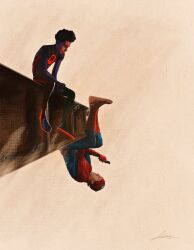  2boys afro animal_print bodysuit commentary dark-skinned_male dark_skin english_commentary highres justralphyyy male_focus marvel miles_morales multicolored_bodysuit multiple_boys peter_parker print_bodysuit spider-man spider-man:_across_the_spider-verse spider-man:_into_the_spider-verse spider-man_(miles_morales) spider-man_(series) spider-verse spider_print spider_web_print superhero_costume two-tone_bodysuit very_dark_skin 