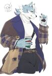  2boys absurdres animal_ears artist_name bag belt black_pants brown_belt claws coat commentary_request cup doodle_inset esperdica_(live_a_hero) from_side furry furry_male furry_with_non-furry highres holding holding_cup interspecies izm_(izm_rm7) live_a_hero looking_at_another male_focus male_protagonist_(live_a_hero) multiple_boys open_clothes open_coat pants pawpads round_eyewear shirt shopping_bag sweater translation_request turtleneck turtleneck_sweater white_background white_shirt wolf_boy wolf_ears 