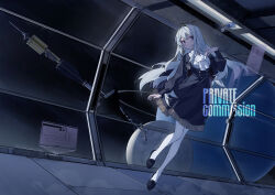  1girl arnold-s ascot black_dress black_shoes blue_eyes chinese_commentary collared_dress commentary_request commission dress floating floating_hair frilled_dress frills full_body hair_intakes hand_up highres lanyard long_hair long_sleeves looking_to_the_side original pantyhose parted_lips planet puffy_sleeves shoes solo space space_station white_ascot white_hair white_pantyhose 