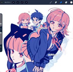  1boy 1girl :o ahoge animal_bag bag black_shirt black_thighhighs blush brown_skirt cat_bag commentary_request danganronpa_(series) danganronpa_2:_goodbye_despair dress_shirt hair_ornament handheld_game_console highres hinata_hajime holding holding_handheld_game_console hood hood_down hood_up jacket leaning_forward medium_hair multiple_views nanami_chiaki neck_ribbon open_clothes open_jacket pink_bag pink_hair pink_ribbon pleated_skirt ribbon shirt skirt sweat thigh-highs two-tone_shirt white_shirt yuni_(yuheyii) 