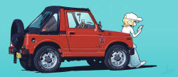  1girl absurdres aqua_background baggy_pants baseball_cap bilingual_commentary black_eyes blonde_hair blue_pants car cellphone commentary_request denim english_commentary from_side hat highres holding holding_phone jeans license_plate looking_at_phone mixed-language_commentary motor_vehicle original pants phone red_car satosio shirt shoes short_hair short_sleeves simple_background smartphone sneakers solo spare_tire sports_utility_vehicle suzuki_jimny t-shirt unused_tire vehicle_focus white_hat white_shirt white_shoes 