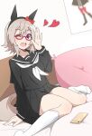  1girl adjusting_eyewear alternate_costume bed bespectacled blush cellphone commentary_request curren_chan_(umamusume) glasses grey_hair hair_between_eyes hair_ornament headband kneehighs looking_at_viewer nel-c one_eye_closed open_mouth phone pillow ribbon school_uniform serafuku simple_background socks solo teeth umamusume upper_teeth_only white_background white_socks 