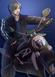  1boy aegyo_sal beard_stubble black_gloves black_jacket blue_eyes blue_shirt brown_hair expressionless facial_hair feet_out_of_frame fingerless_gloves gloves hair_over_one_eye highres jacket leon_s._kennedy looking_to_the_side male_focus motor_vehicle motorcycle on_motorcycle parawasper resident_evil resident_evil:_vendetta shirt short_hair solo striped_clothes striped_jacket stubble 