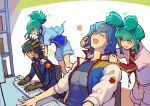  1girl 3boys absurdres black_hair black_shirt blue_eyes blue_hair blue_jacket blue_shirt blue_shorts box brown_gloves bruno_(yu-gi-oh!) chair closed_eyes day elbow_pads facial_mark facial_tattoo fudou_yuusei gloves green_hair hands_on_another&#039;s_shoulders happy head_back high_collar high_ponytail highres indoors jacket jumping keyboard_(computer) laughing layered_sleeves long_sleeves lua_(yu-gi-oh!) luca_(yu-gi-oh!) male_focus mouse_(computer) multicolored_hair multiple_boys on_chair open_clothes open_jacket open_mouth ponytail red_shirt serious shelf shirt short_hair short_ponytail short_sleeves shorts sidelocks sitting sleeves_rolled_up spiky_hair standing streaked_hair t-shirt tattoo turtleneck typing white_jacket white_shorts wristband youko-shima yu-gi-oh! yu-gi-oh!_5d&#039;s 