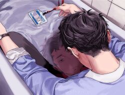  1boy bath bathtub black_hair black_pants blue_shirt closed_mouth clothed_bath commentary_request contrast_collar depressed expressionless highres holding_lanyard id_card in_bathtub lanyard looking_at_reflection looking_down male_focus nape nijisanji okthatsk_p pants reflection reflective_liquid shirt short_hair sleeves_rolled_up solo tiles twitter_username unworn_lanyard very_short_hair virtual_youtuber watch watch water yashiro_kizuku yashiro_kizuku_(1st_costume) 